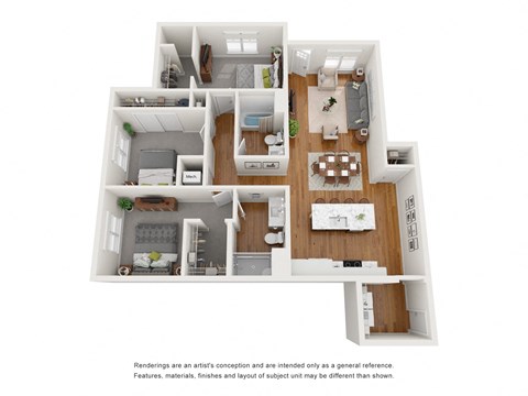 a stylized 3d floor plan with a bedroom and living room at Tivoli Green Apartments & Townhomes, Mount Pleasant, Wisconsin